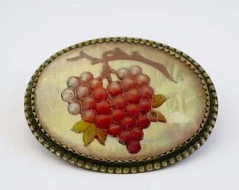 Antique / Vintage / Retro Brooch / Pin - Small Domed Encased Grape Cluster Gold Tone w/ Purple Accent - Woman Accessories - Estate Jewelry