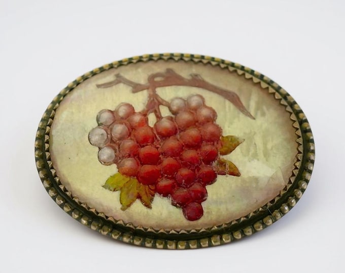 Antique / Vintage / Retro Brooch / Pin - Small Domed Encased Grape Cluster Gold Tone w/ Purple Accent - Woman Accessories - Estate Jewelry
