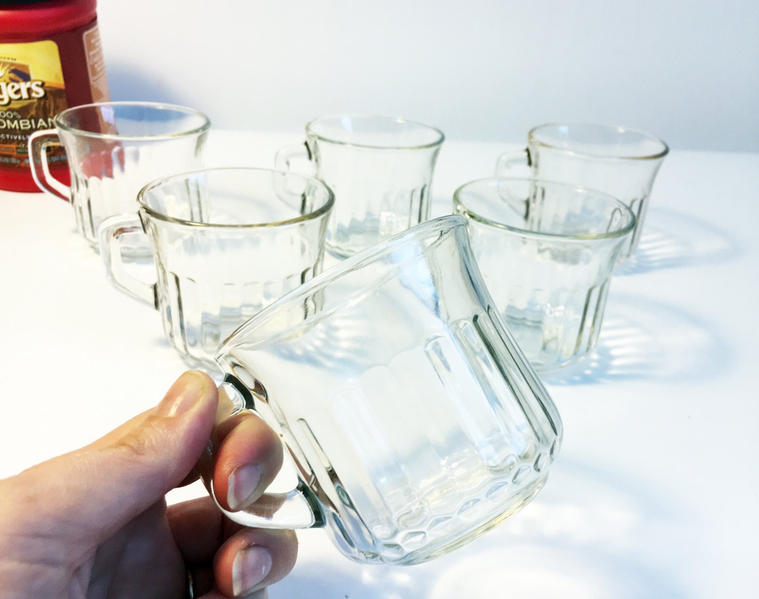 Corning Clear Glass Mugs Set with Ribbed Sides Vintage Set of 6 Glass
