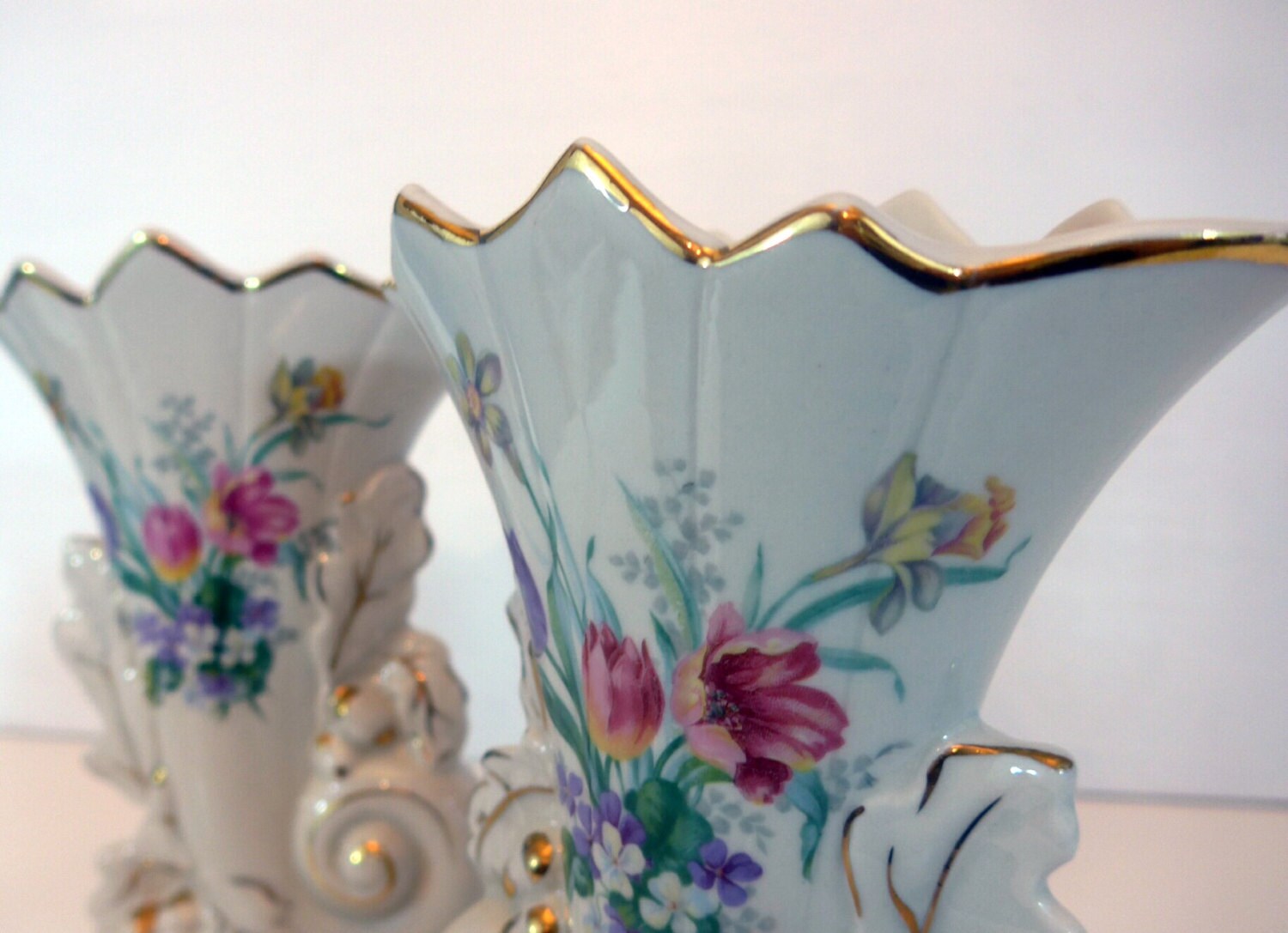 Vintage Pair Vases Ceramic Floral on Ivory Vases Gold Trim 2 Fan Vases Victorian Unique Pair
