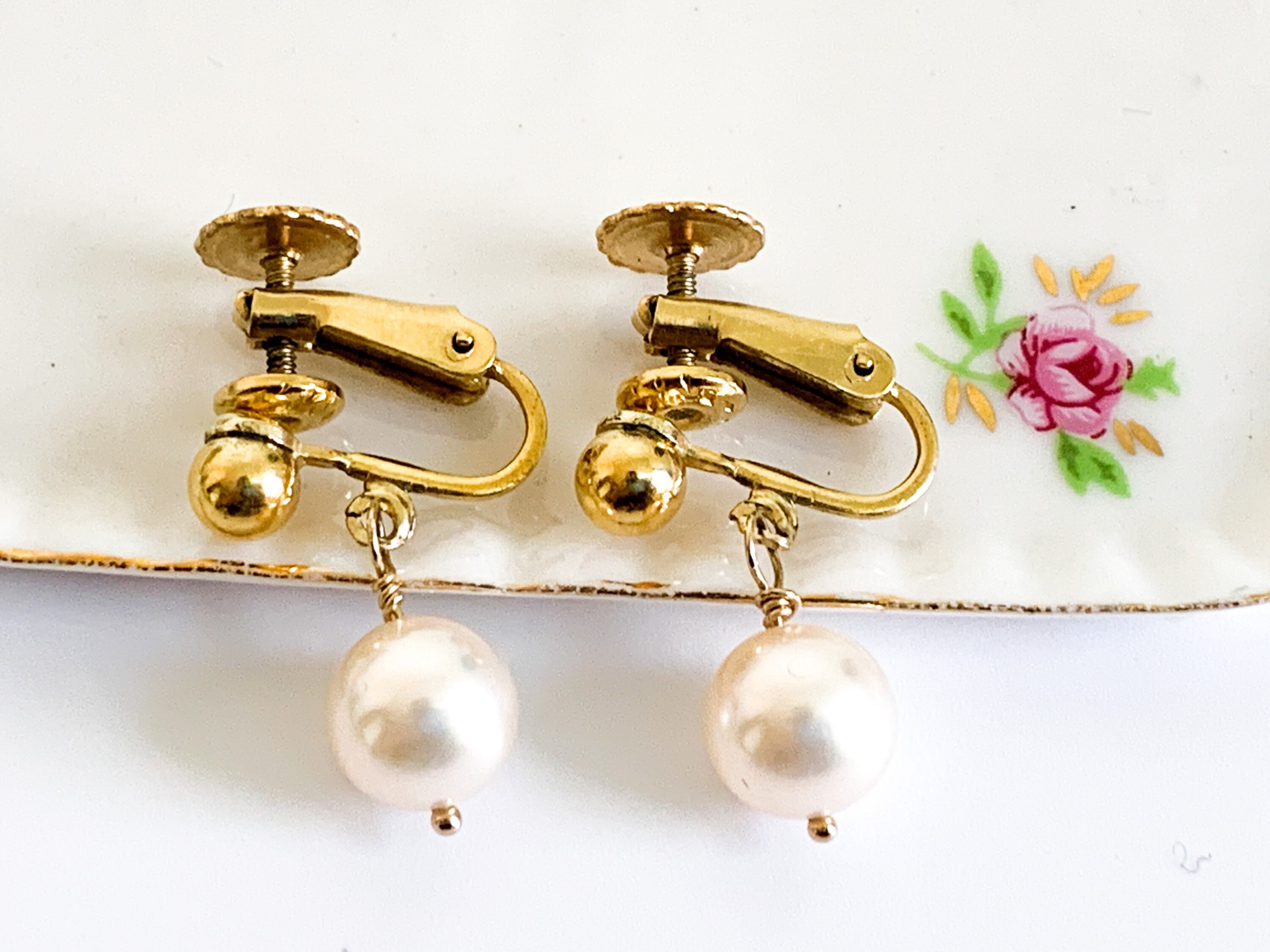 Vintage Pearl & 12K Gold Filled Earrings Retro Dangle Genuine Pearl