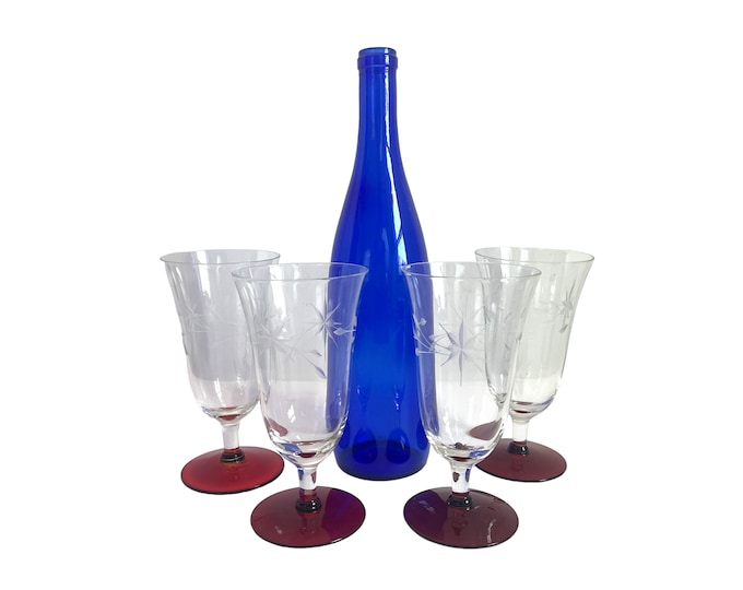 Vintage Set 4 Footed Tumblers w/ Etched Cut Stars and Vine - Clear Bowl & Stem w/ Ruby Red Base - Retro Stemware Drinkware Glasses