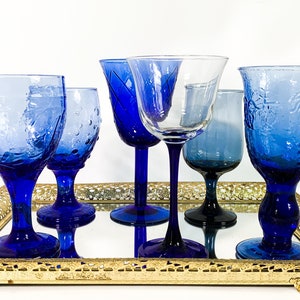 Vintage Blue Glass Goblet Set: Retro Stemware Drinkware Collection