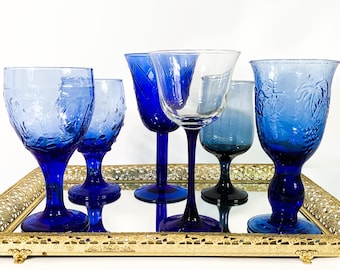 Vintage Blue Glass Goblet Set: Retro Stemware Drinkware Collection