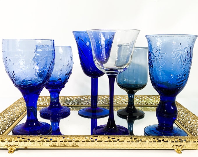 2nd Time Around Vintage Set 6 Blue Water Goblets Large Glasses - Unique Retro Collection Combination Stemware Drinkware