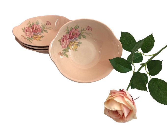 Vintage Crooksville Pottery Set of 4 Pink Cereal Bowls with Tab Handles - Shabby Cottage Chic - Pink, Yellow and Blue Flowers - Circa 1940s