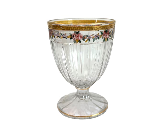 Vintage Gold Encrusted Trimmed Glass Pedestal Jar - Ribbed Sides w/ Gold Floral Flower & Greek Key Pattern - Unique Shape Retro Home Decor