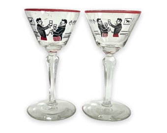 Vintage Pickwick by Libbey Black W/Red Rim Gentleman Design Glasses Barware Two Retro - Cocktail Glasses