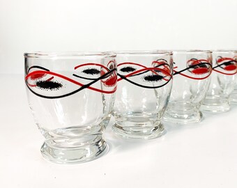 Vintage Juice Glasses Set: Red & Black Abstract Design, Retro Drinkware