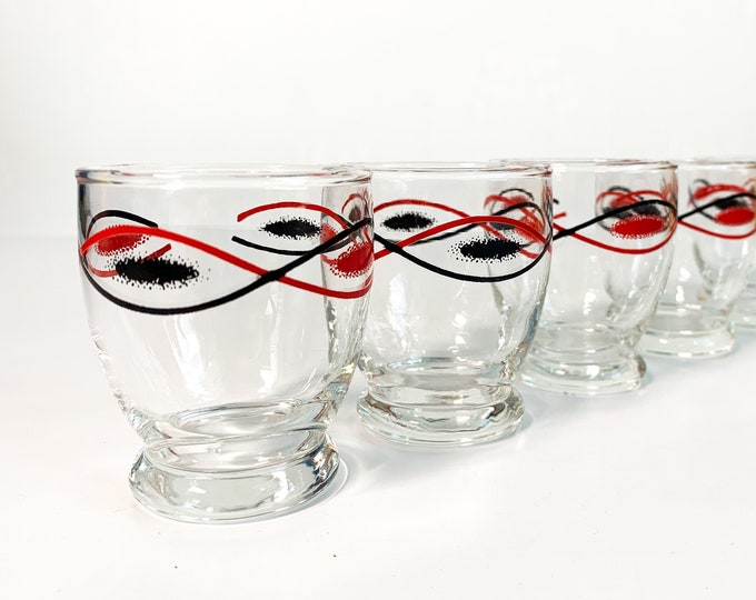 Vintage Set of FOUR Juice Glasses - 4 Red & Black Drinkware w/ Abstract Design - Retro Kitchen