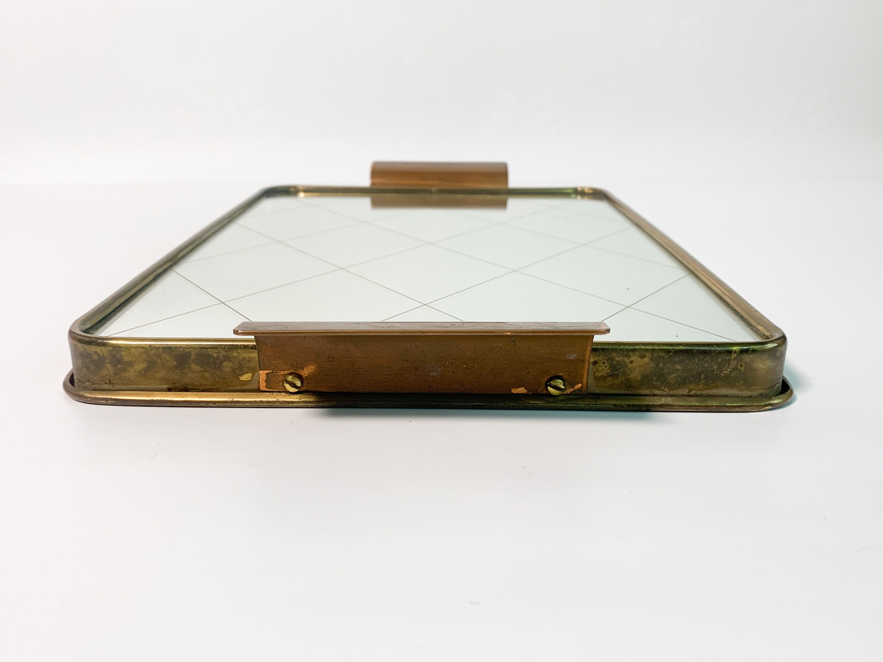 Vintage Rectangular Vanity Tray Large Mirror w/ Brass Edges Copper Handles & Crisscross
