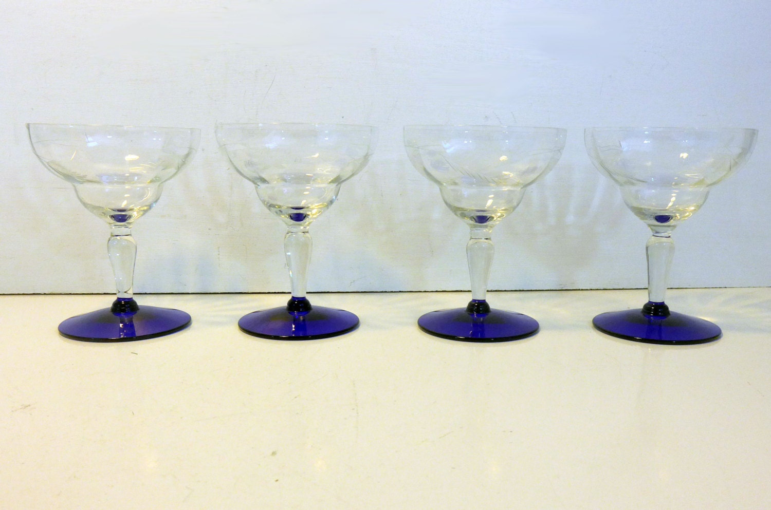 Champagne Glasses 4 Weston Etched Clear Bowl & Stem w/ Wide Cobalt Blue