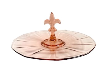 Versailles Pink by Fostoria Depression Glass Tidbit Tray Fleur de Leis Center Handle  - Serving Dining Entertainingly - Clear Paneled Glass