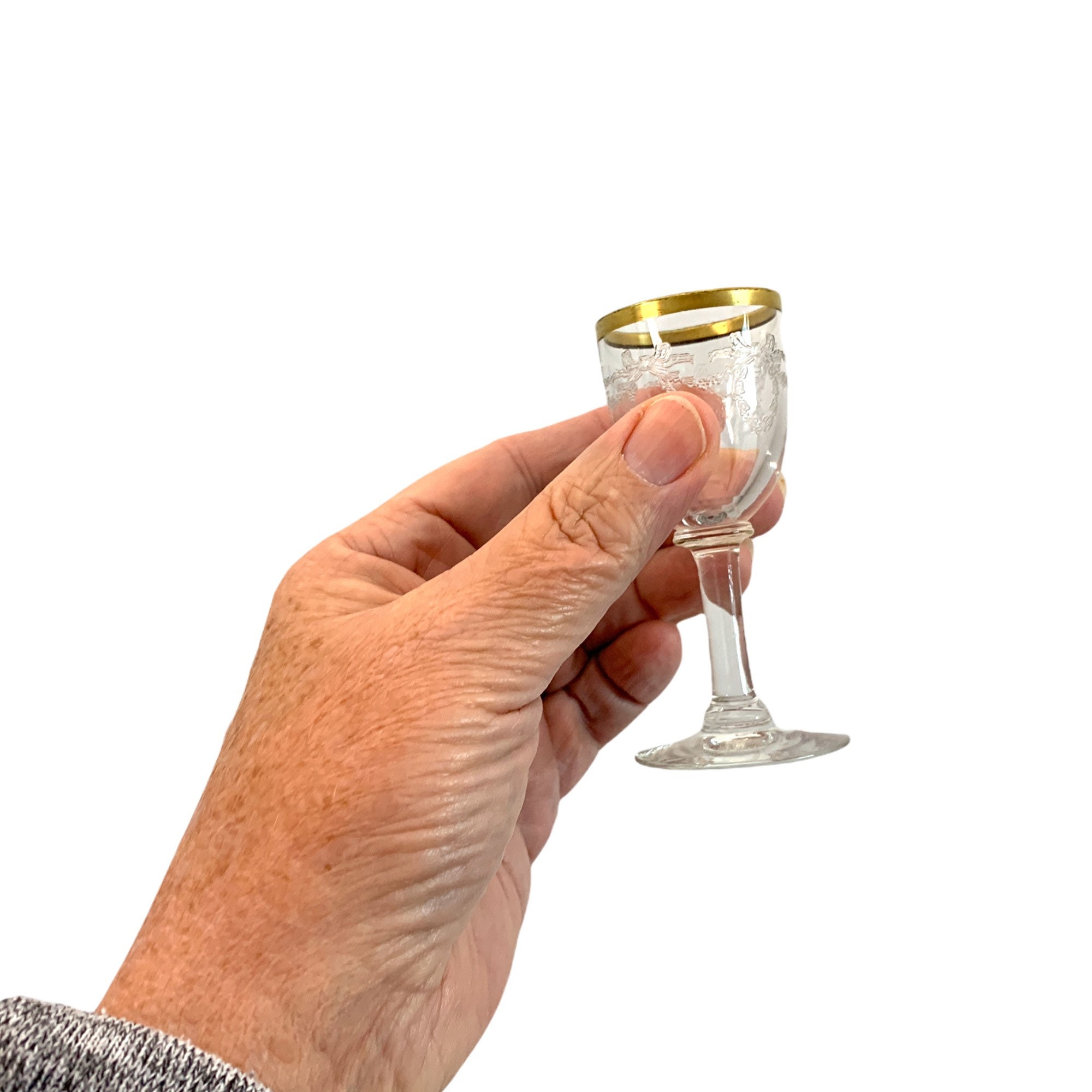 4 Vintage Gold Rimmed Cordial / Liquor Glasses w/ Garland & Bow