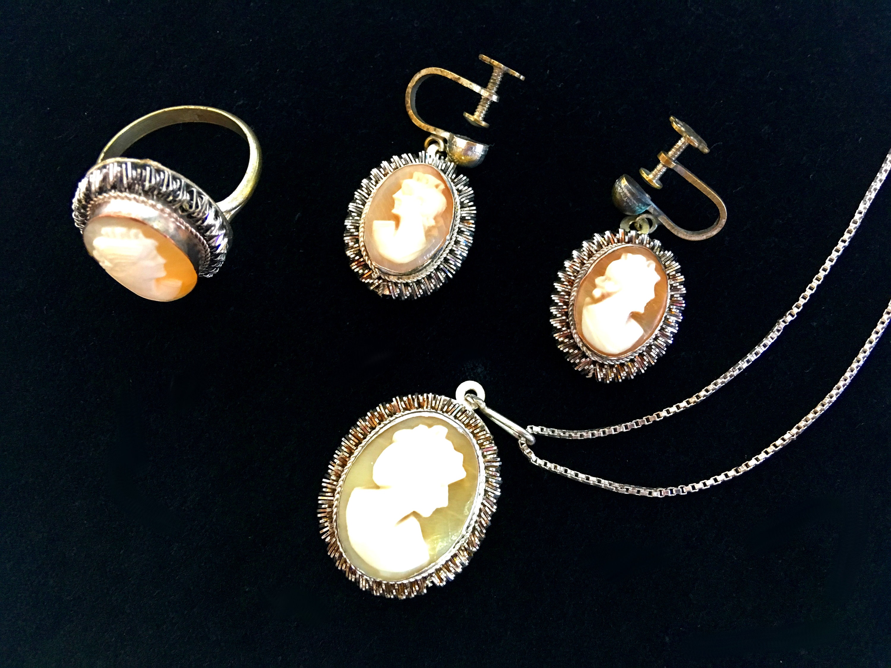 Vintage Cameo Set Necklace Earrings & Ring Mid century Jewelry Demi