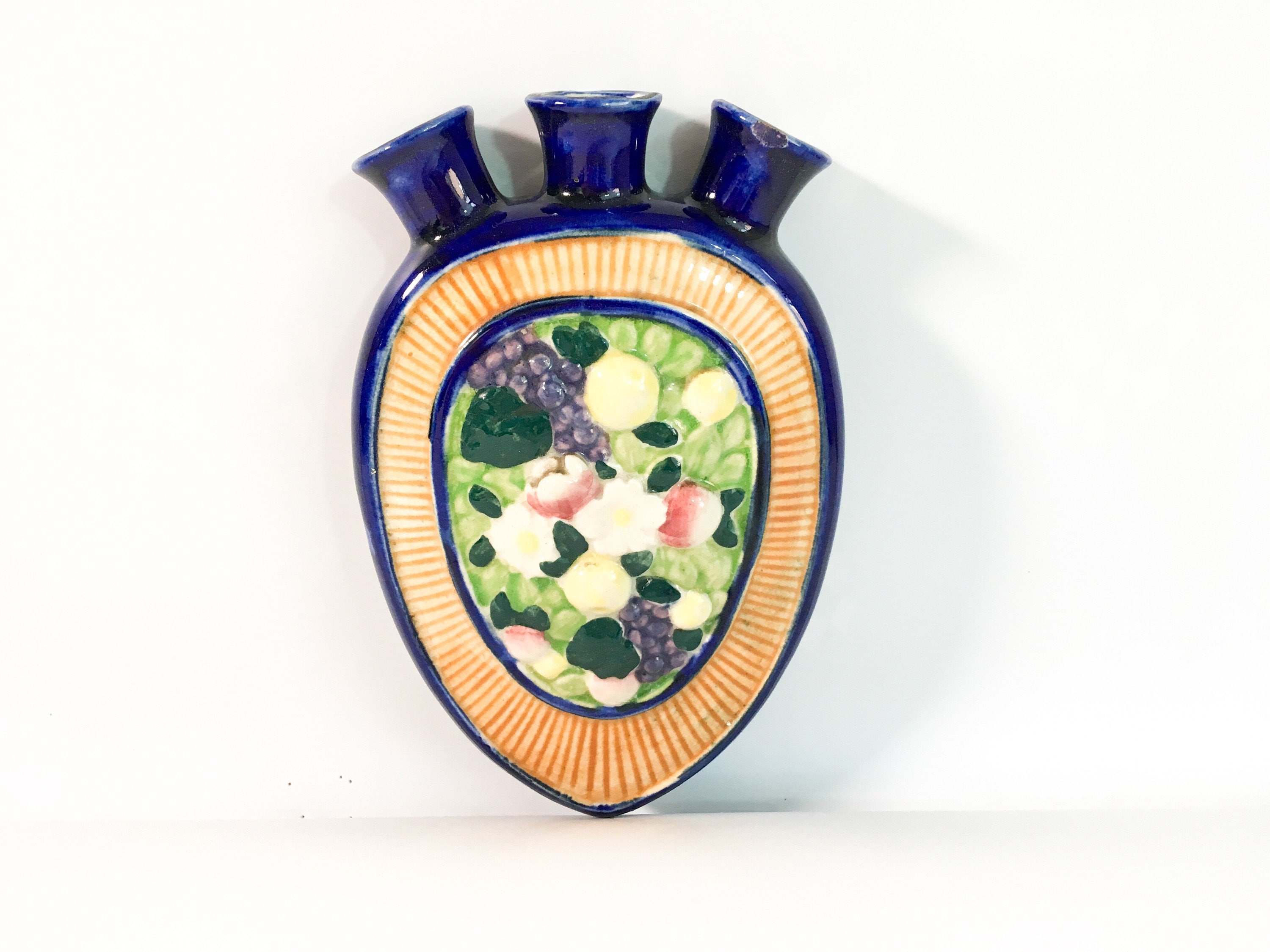 Vintage Ceramic Wall Pocket Vase Blue Floral Home Decor