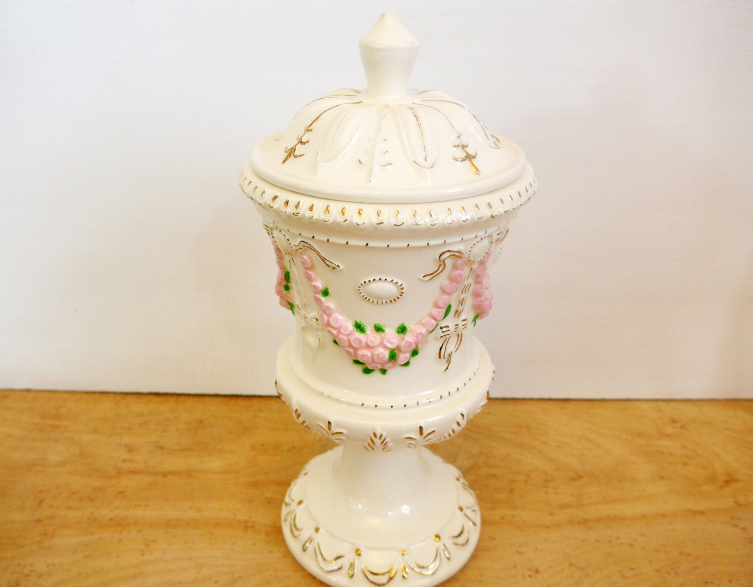 Arnel's Pottery Pedestal Jar with Lid Tall Ivory Apothecary Jar Pink
