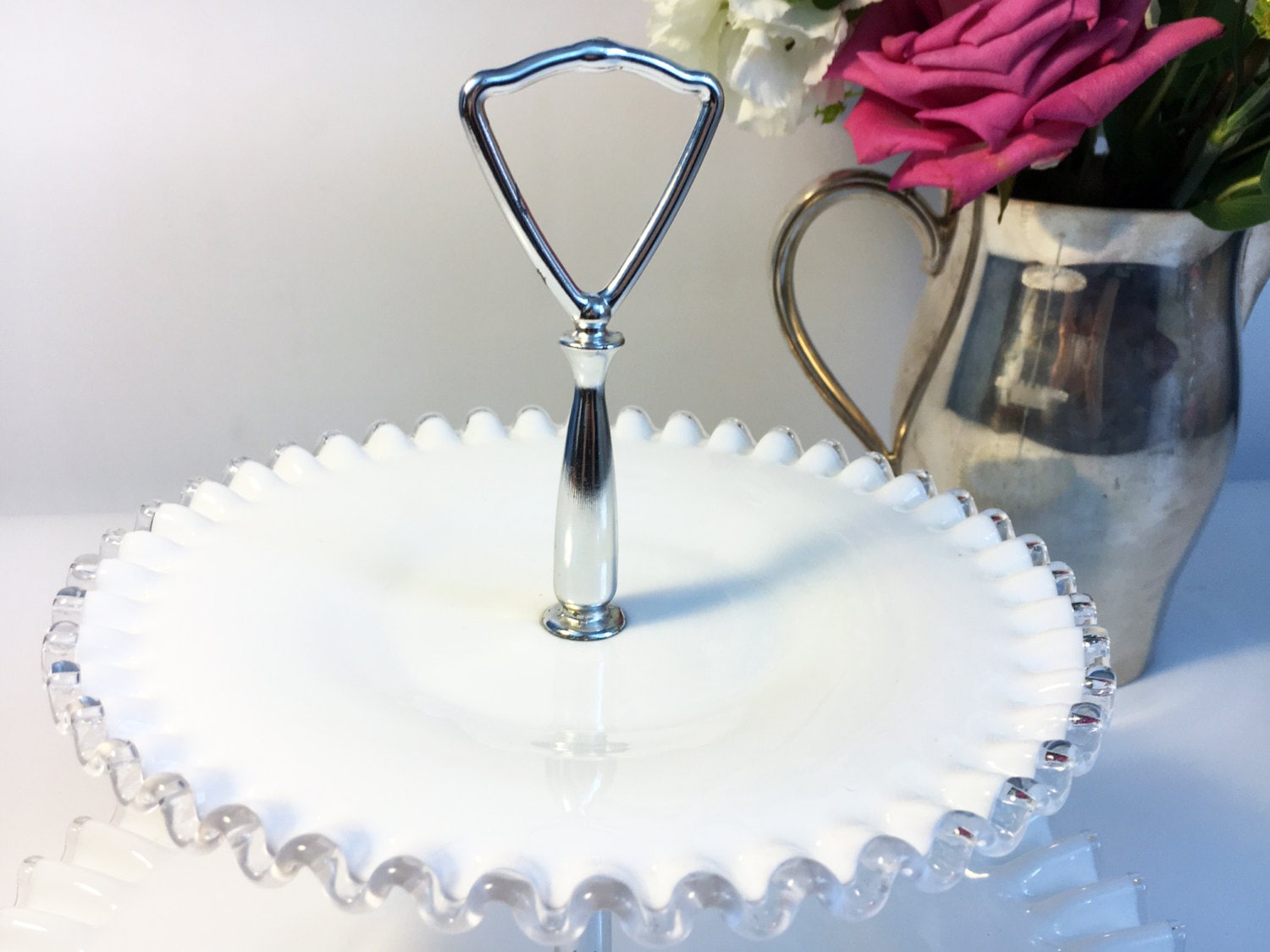 Fenton Silver Crest Milk Glass Tidbit Tray 2 Tiers Serving Tray