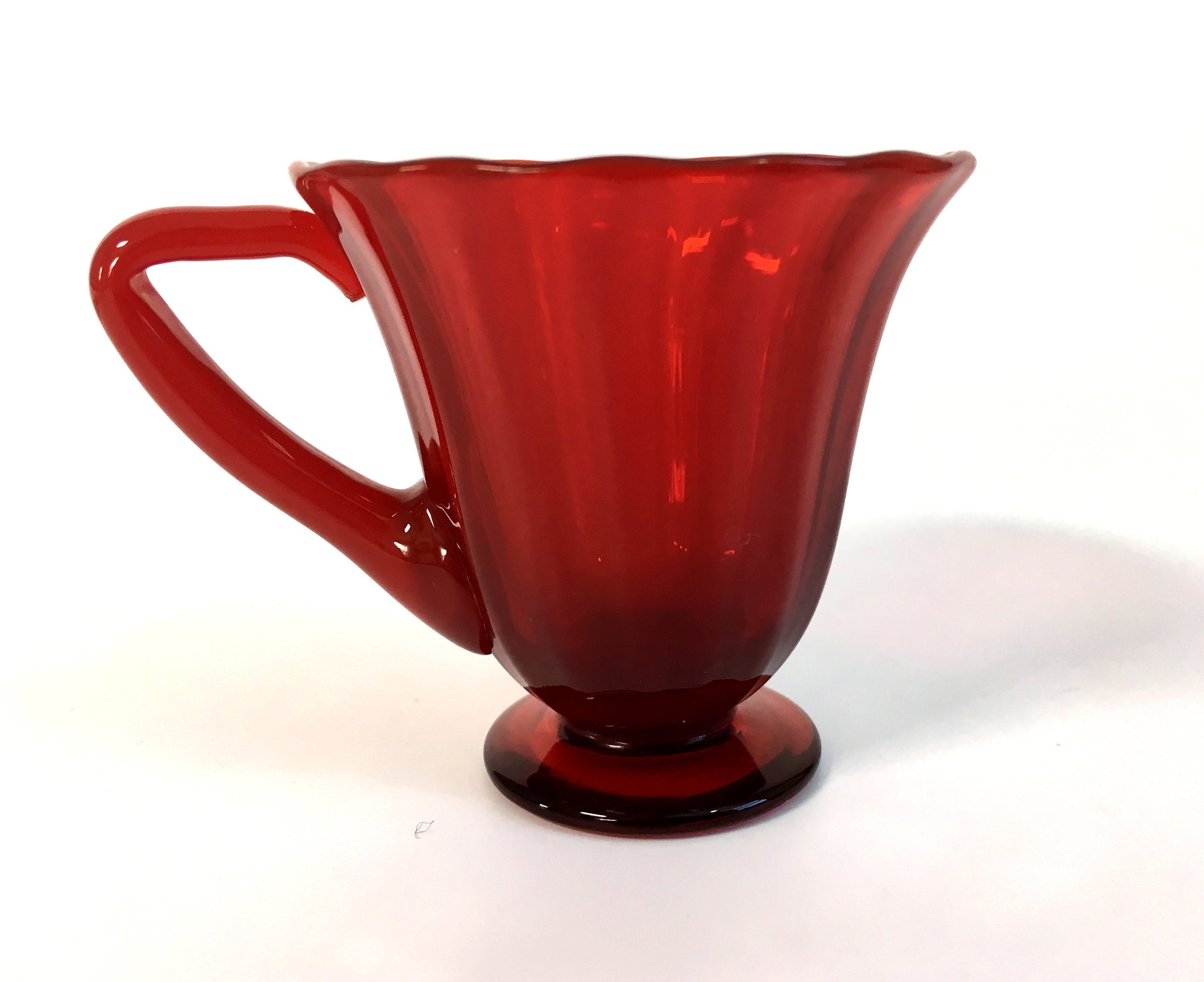2 Vintage Red Glass Espresso Cups & Saucers - Retro Demitasse 2 Piece