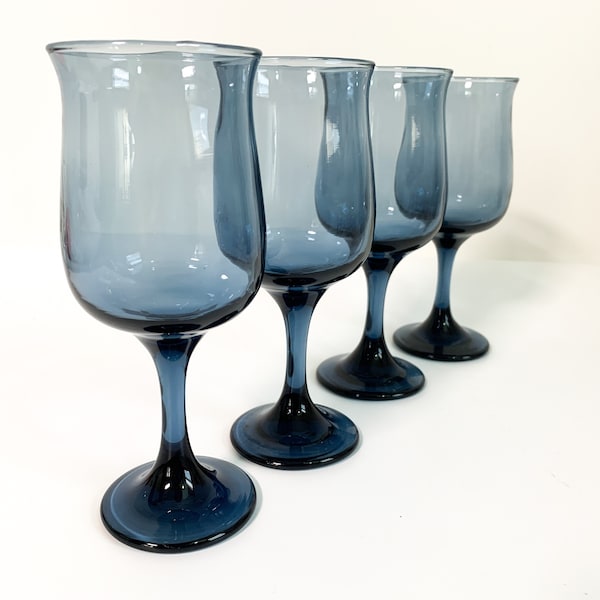 Vintage Set of 4 Connoisseur Blue by Libbey Wine /Water Glasses - Stemware - 4 Vintage Blue Goblets Tulip Shaped Bowl Retro Barware Stemware