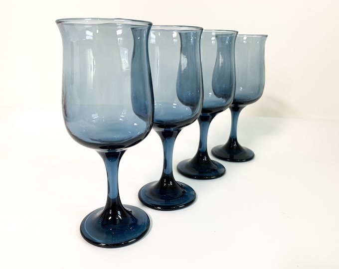 Vintage Set of 4 Connoisseur Blue by Libbey Wine /Water Glasses - Stemware - 4 Vintage Blue Goblets Tulip Shaped Bowl Retro Barware Stemware