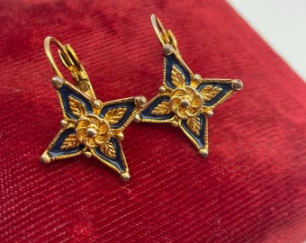 Vintage Avon Smithsonian Institute Earrings - Marked SI Goldtone Electro Goldplate Flower Star Gellatly Gold tone and Blue Glazed Jewelry