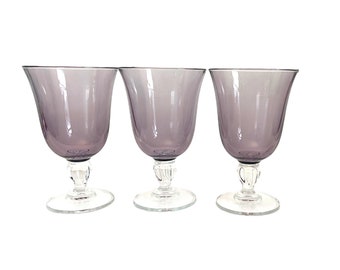 3 Vintage Casual Settings Amethyst w/ Purple Bowl & Clear Stem Goblets l Water Glasses Stemware Barware Large Capacity