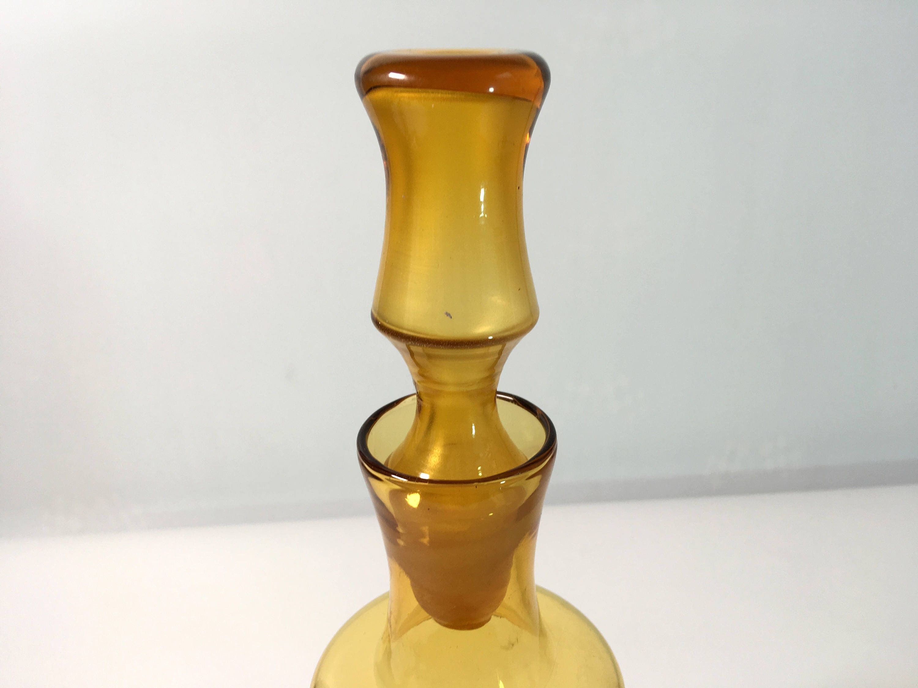 Amber Colored Vintage Glass Decanter Bottle with Tall Unique Stopper Retro Art Glass Mid