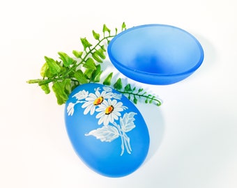 Vintage Westmoreland Blue Mist Glass Egg Shape Trinket Box with Daisies - Retro Bathroom Bedroom Home Decor - Daisy Decal Satin Glass