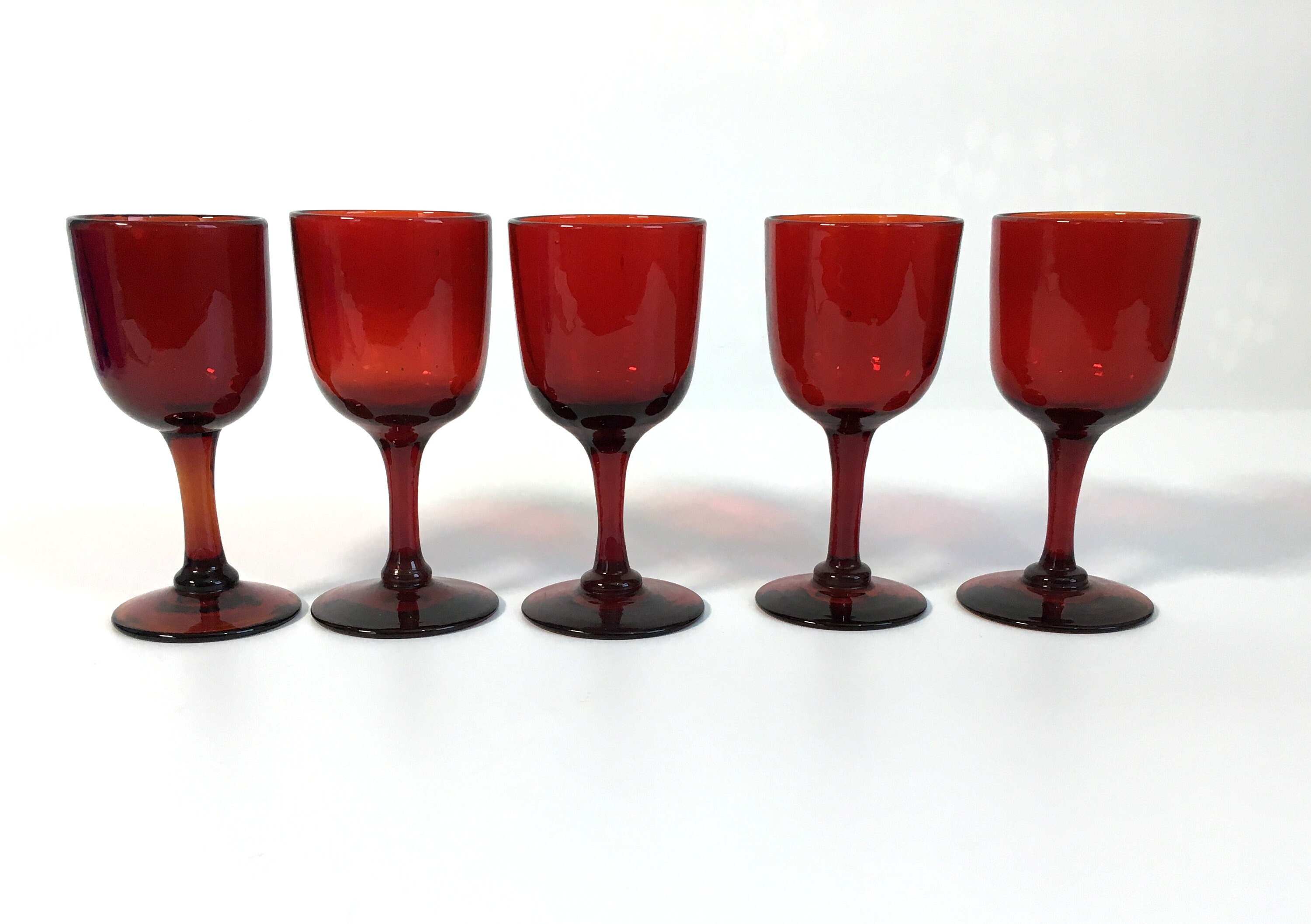 5 Vintage Ruby Red Hand blown Cordial Wine Glasses Set of 5
