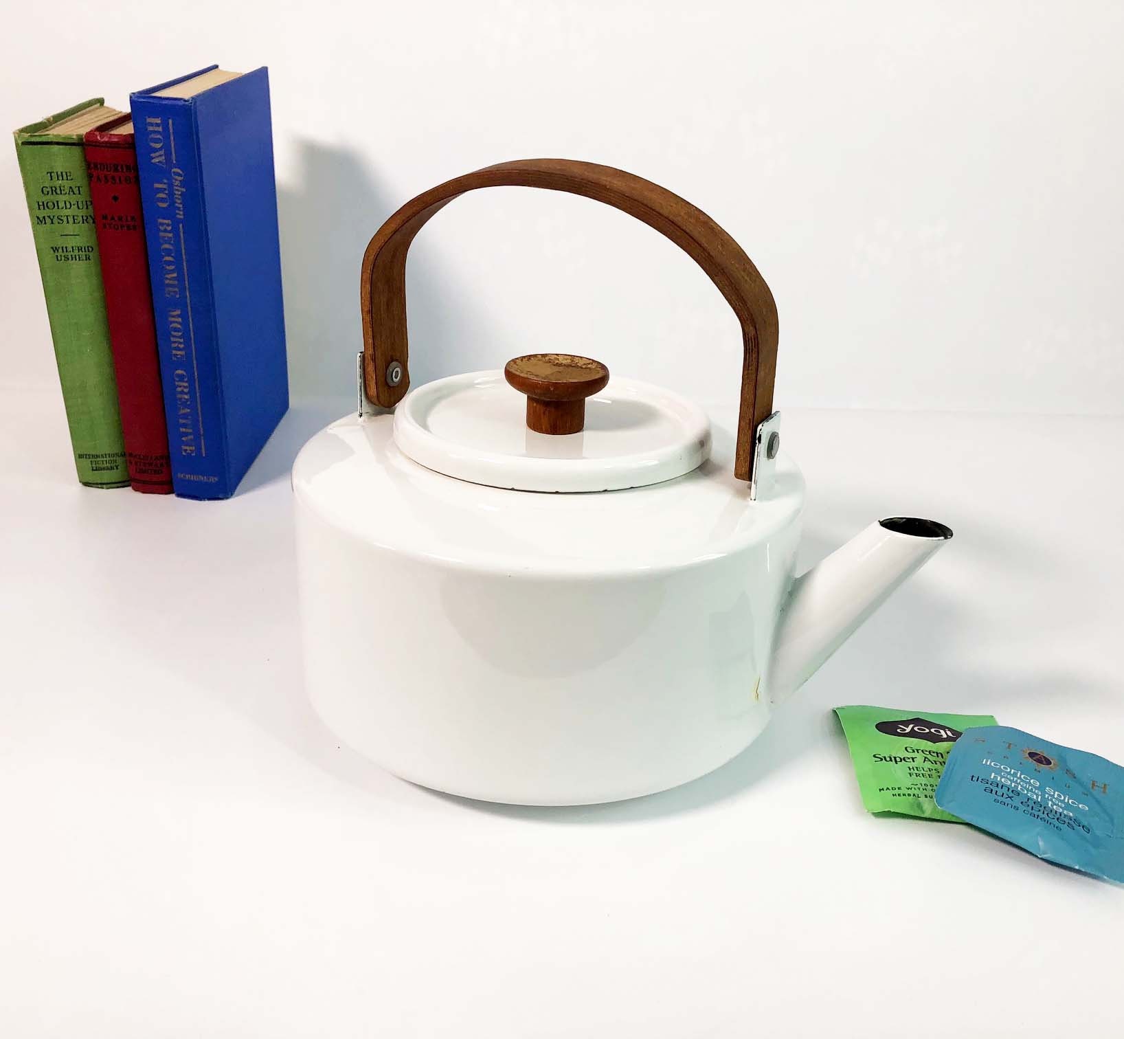 Danish Michael Lax Copco White Enamel Tea Kettle / Pot - Made in Spain -  Mid Century Modern Vintage Retro Design Coffee Pot Wood Handle