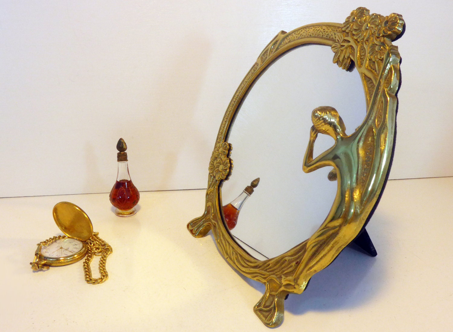 Vintage Reproduction Art Deco Brass Mirror Round Retro Table Mirror w