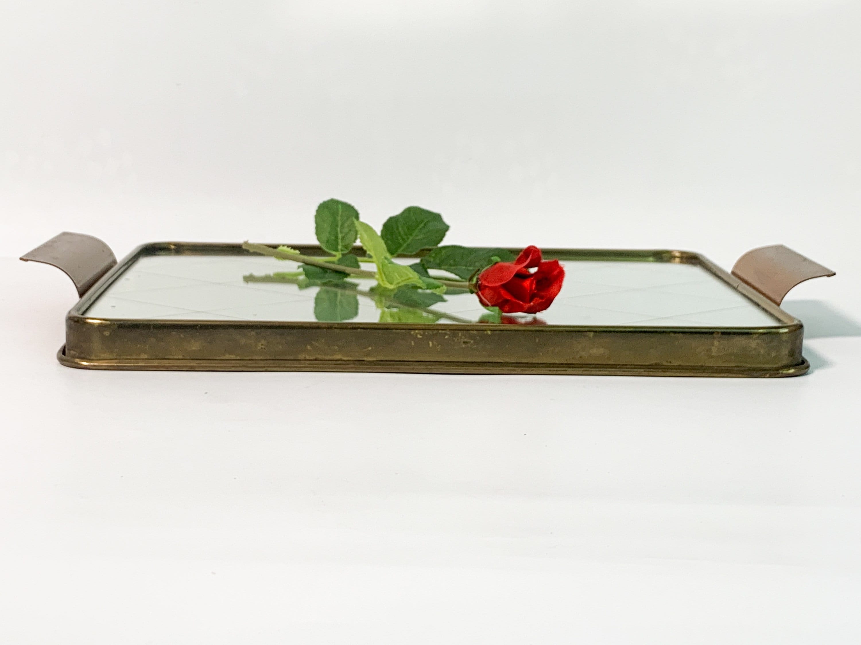 Vintage Rectangular Vanity Tray Large Mirror w/ Brass Edges Copper