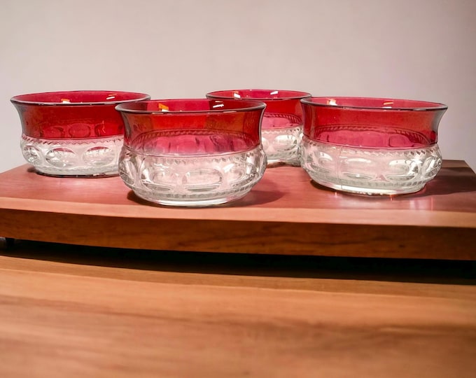 4 Vintage King's Crown Tiffin Franciscan Clear w/ Red Flash Glass Finger Bowl - Decorative Sides - Four Vintage Retro Era Tableware Dishes
