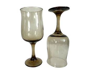 Set of 2 Libbey Connoisseur Tawny Water Glasses or Goblets - Large Tall Vintage  Glasses - Pair Two Light Brown Glasses