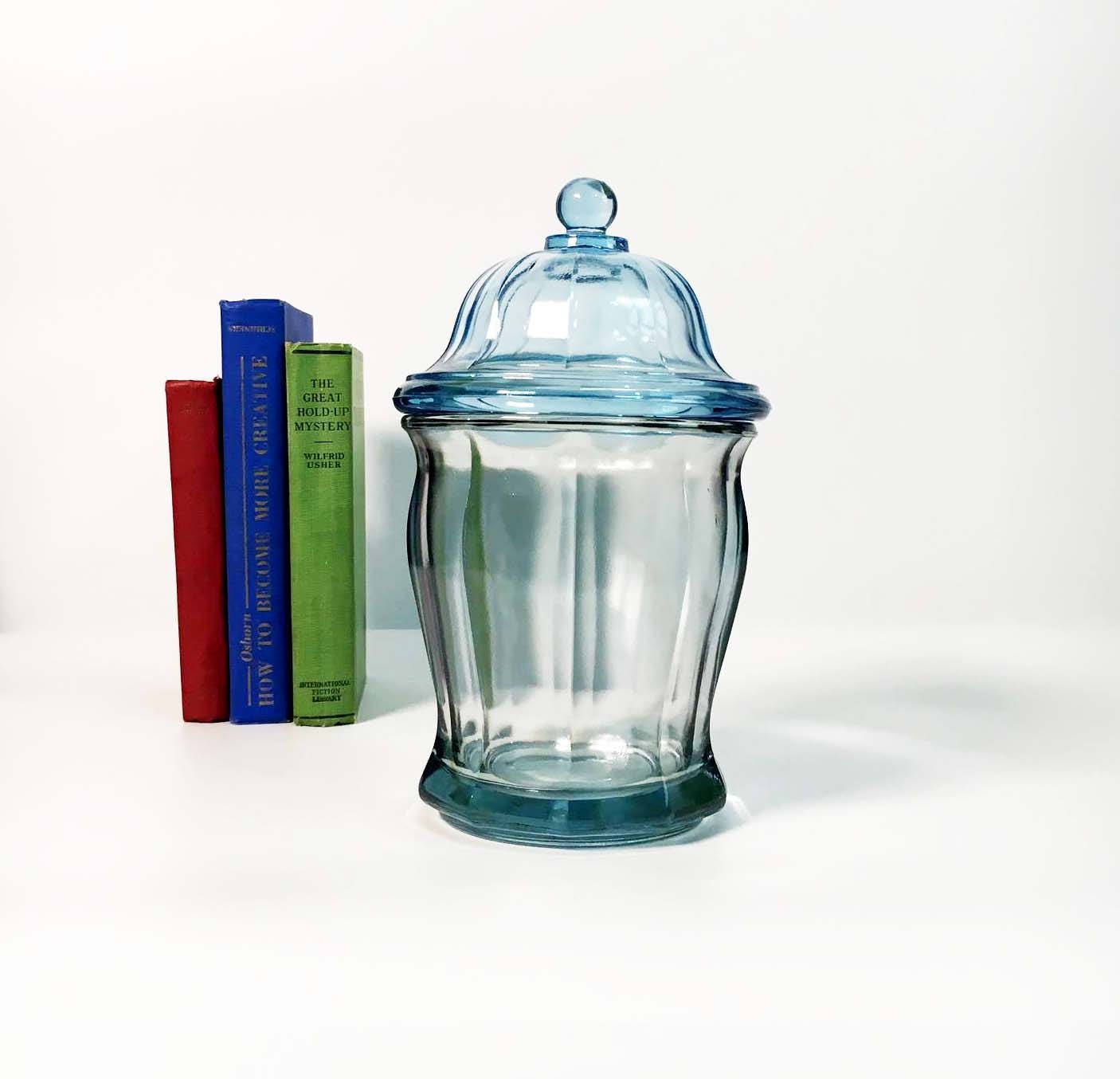 Vintage Heavy Light Blue Glass Antique Apothecary Jar With Lid