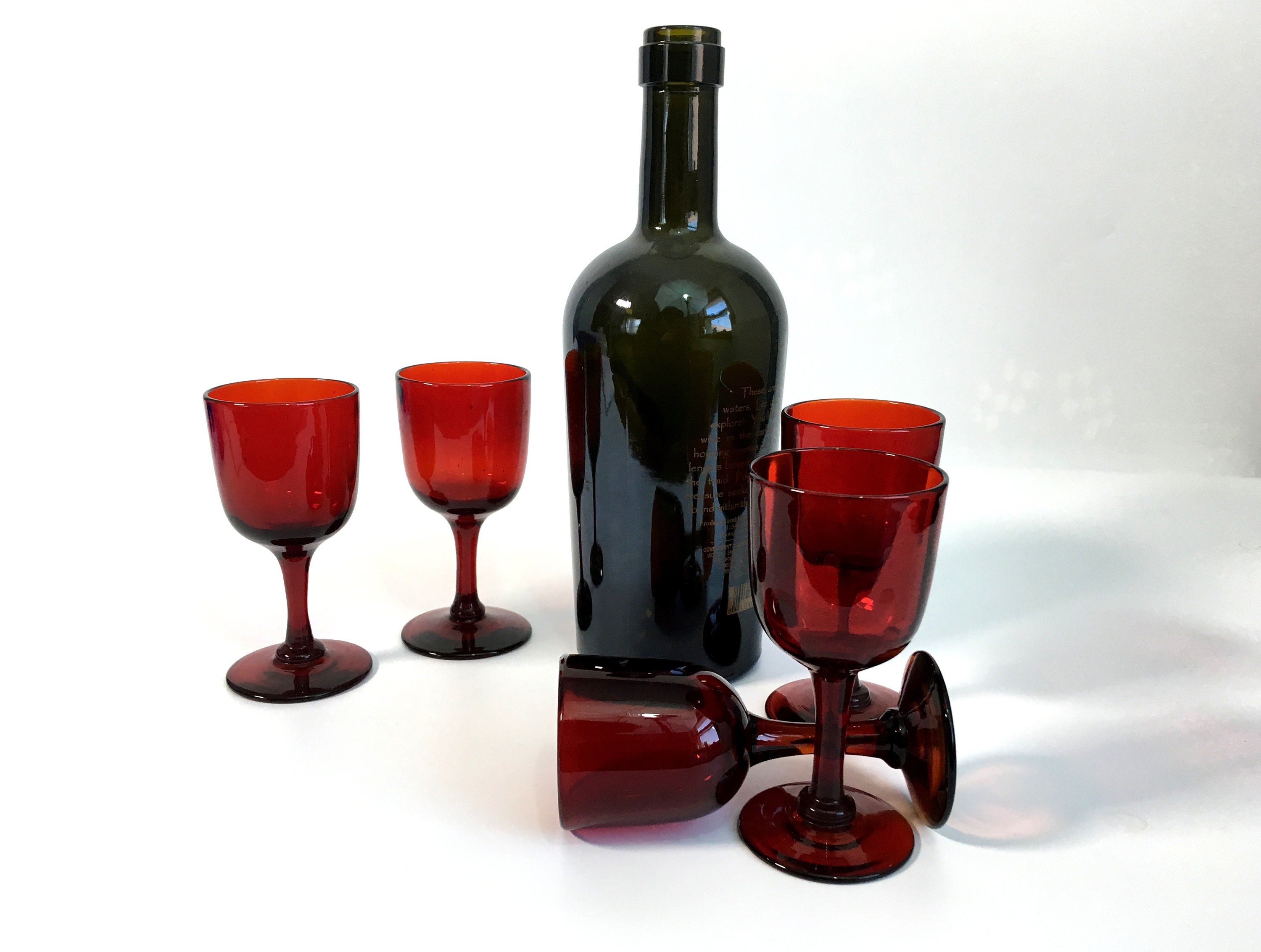 5 Vintage Ruby Red Hand blown Cordial Wine Glasses Set of 5