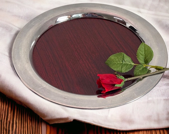 Vintage Wm A Rogers Silver Tray w/ Wood Laminate - Round Black w/ Silver Edge - Art Deco Style Mid century Serving Decor