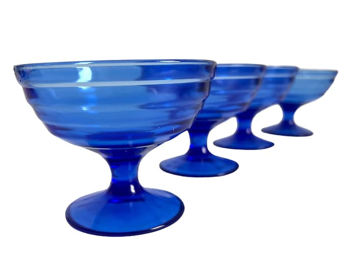 Vintage Set 4 Cobalt  Blue Moderntone Champagne Tall Sherbet Glasses / Coupes Cups Hazel Atlas Depression Glass