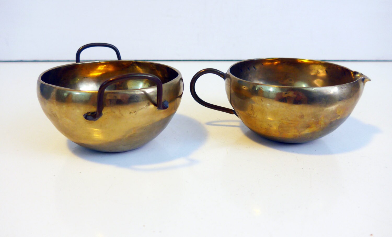 Vintage Solid Brass Sugar and Creamer Set Retro Unique Brass Serving Set