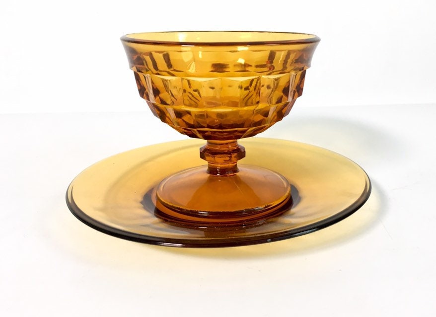 7 Vintage Amber Salad / Dessert Plates Small Plain Amber Glass Dishes