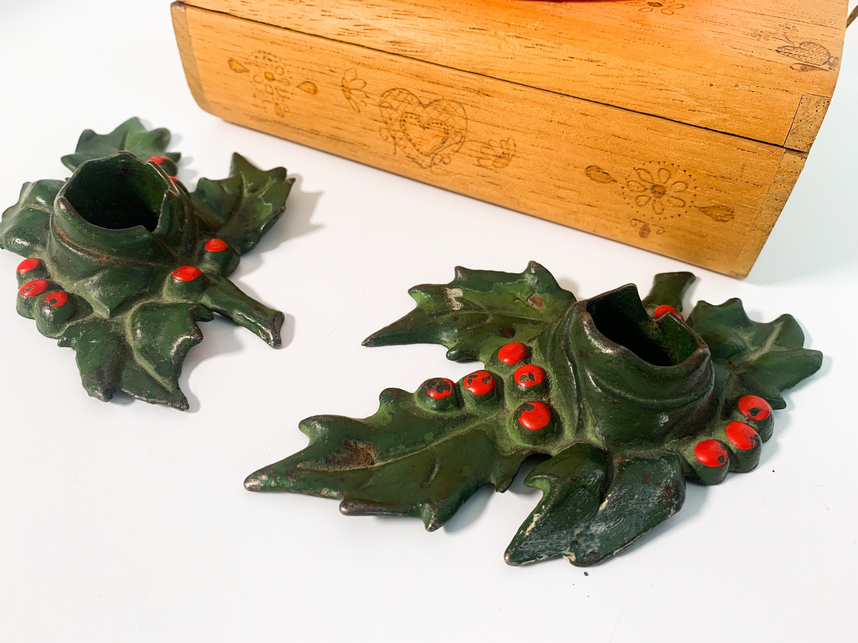 Pair Antique Christmas LVL Candlestick Holders 2 Lulu Verharen Lavell