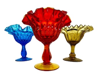 3 Vintage Glass Ruffled Amberina Red, Amber Colonial Blue Compote Pedestal Dishes - Grape & Thumbprint - Fenton w/ Red Cliff Collection MCM