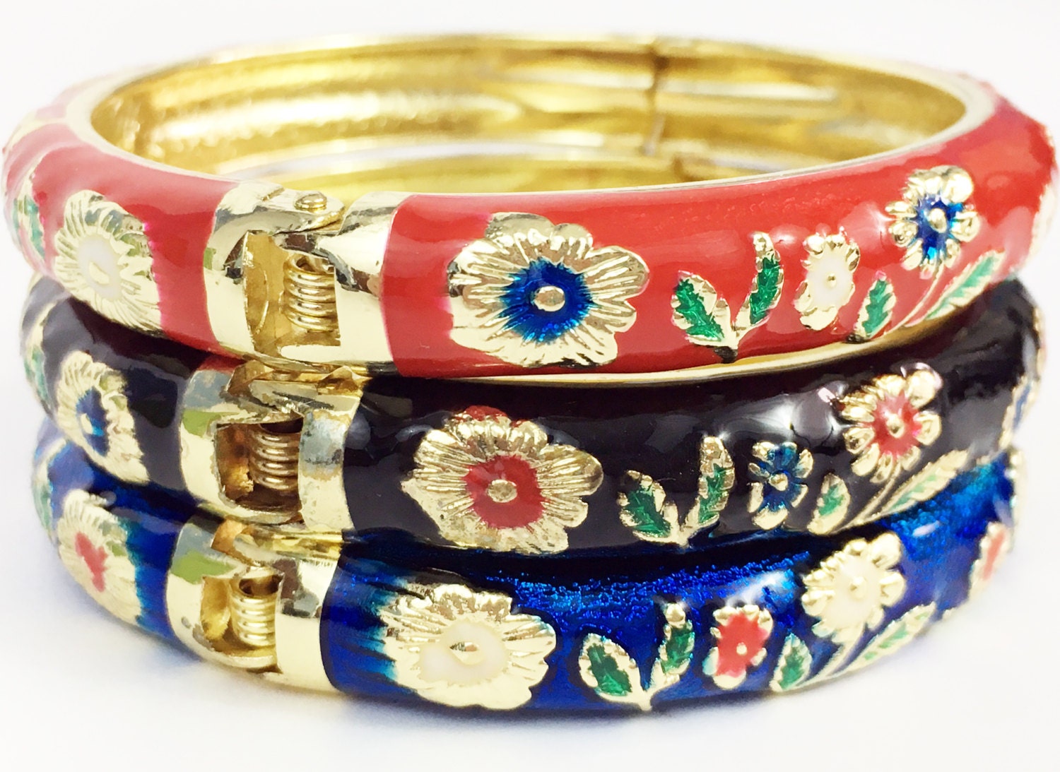 Floral Cloisonne Bracelets Set of 3 Matching Hinged Bangle Bracelet