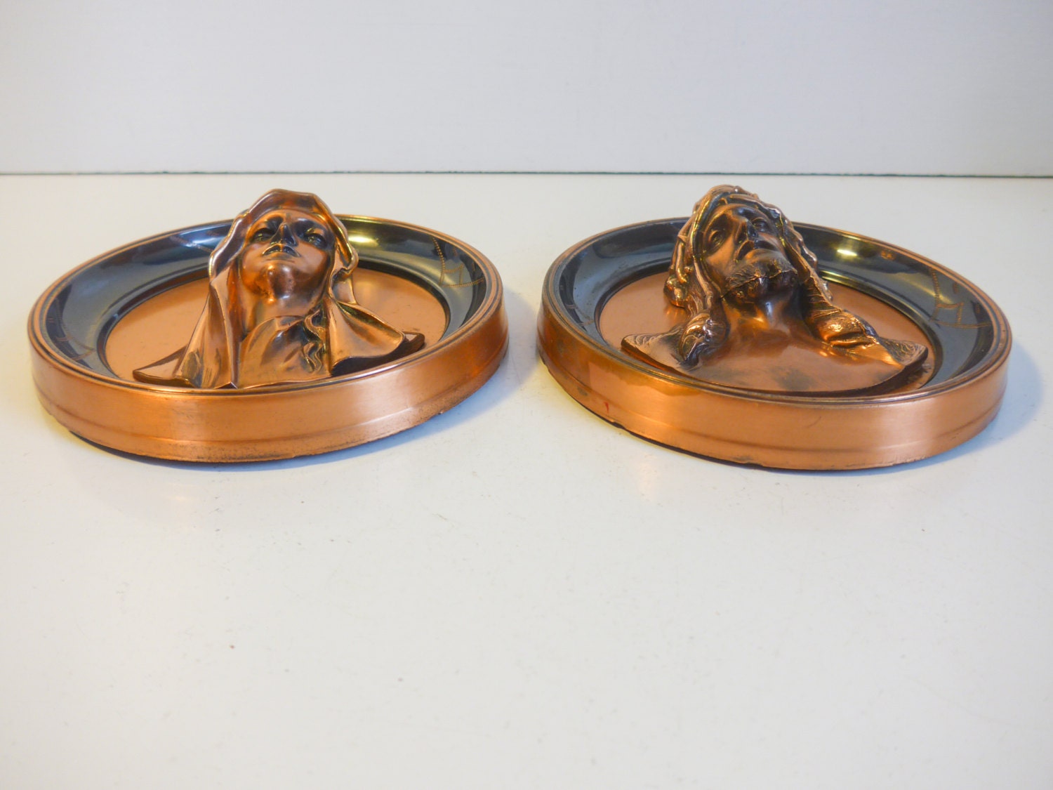 Vintage Jesus & Mary Copper 3D w/ Etchings Wall Plaques - Round Copper