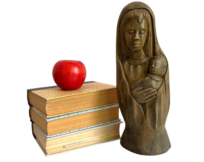 Vintage Carved Wood Mary & Infant Jesus Statue by D Charles - Abstract Retro Bust of Blessed Mother 13” Tall Mid Century Christian Religious