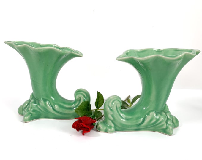 2 Vintage Green Ceramic Horn Vases - Pair Light Green Matching Small w/ Leaves at Curled Bases - Retro Home Decor