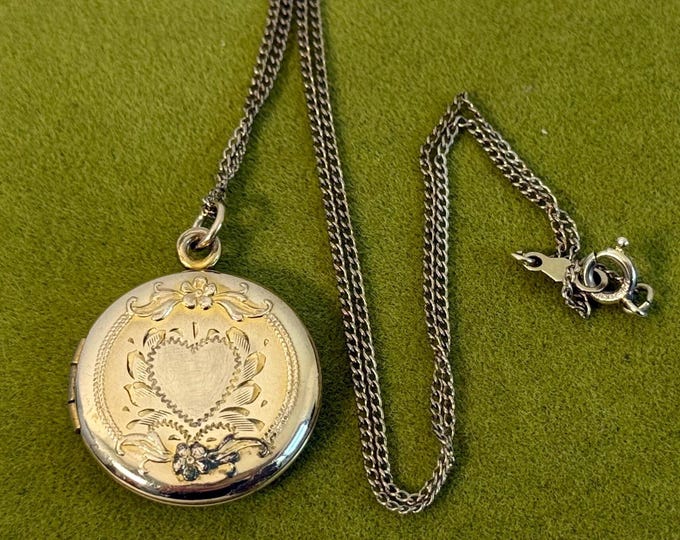 Vintage Gold Filled Locket Necklace: Floral Etched Heart, 14K Chain