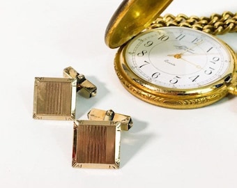 Vintage SWANK Art Deco Style Gold Filled  Cufflinks - 2 Square Retro Men's Cuff Links - Hallmarked 12K GF Men's Dress - Wedding Prom Formal