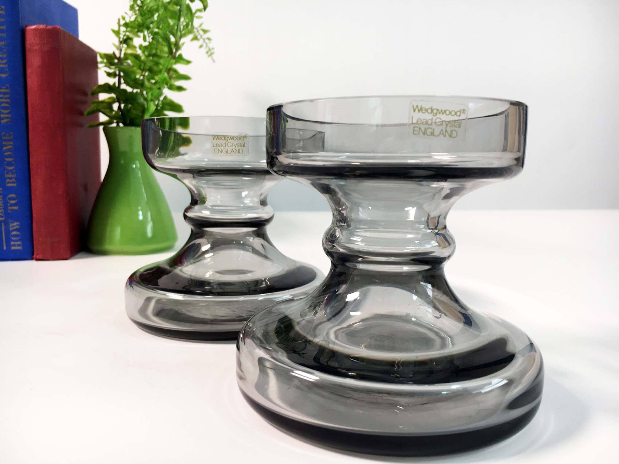 Vintage Pair of Wedgwood Glass Candleholders Midnight Grey Frank